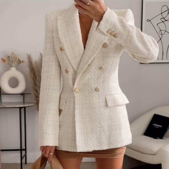 Zara Textured Double Breasted Tweed Blazer Kate Middleton  Size L - Picture 2 of 16